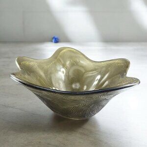 Sasaki Stephen Dweck Glass Bowl Abstract Shape Olive Green Satin Swirl Japan VTG